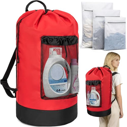 150L Laundry Bag Backpack with 3 Sizes Mesh Wash Bags and Shoulder Straps - color: Bright Red, size: 150L