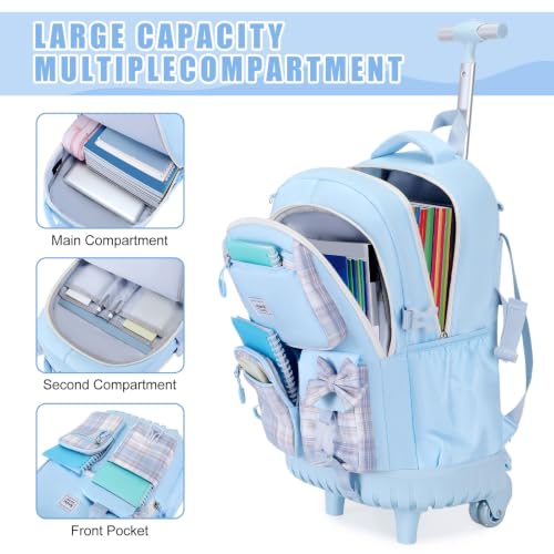 Bevalsa Rolling Backpack for Girls, Roller Backpack with Wheels | Cute Bow Plaid Wheeled School Bookbag Set with Lunch Bag & Pen Case, Suitcases for Kids Teens Elementary Middle Student - color: Blue Plaid