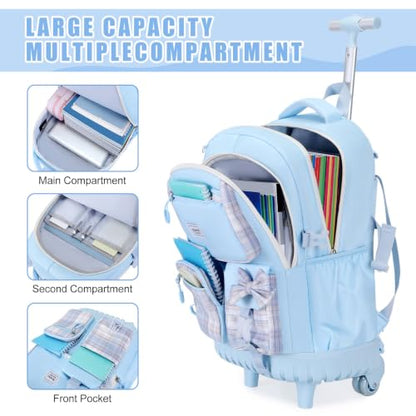 Bevalsa Rolling Backpack for Girls, Roller Backpack with Wheels | Cute Bow Plaid Wheeled School Bookbag Set with Lunch Bag & Pen Case, Suitcases for Kids Teens Elementary Middle Student - color: Blue Plaid
