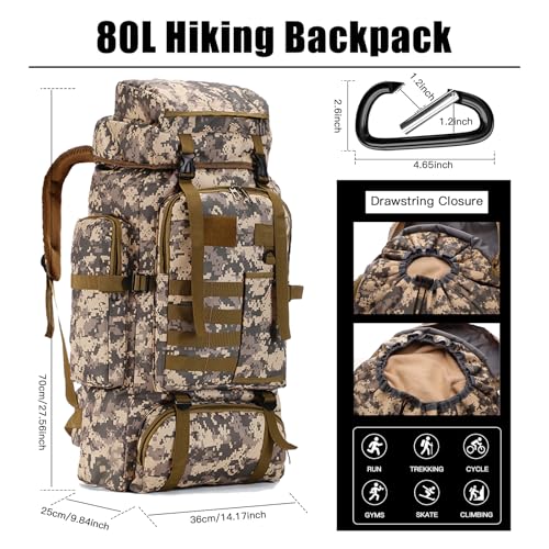 Hiking Backpack 80L with Carabiner Clips Packable Lightweight Camping Backpack Men Women Waterproof Hiking Daypack Travel Bag (CAMO-A, 80L) - color: Camo-a