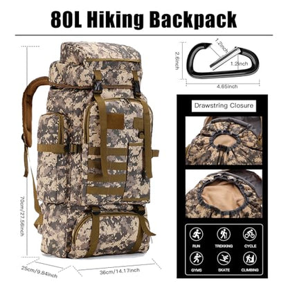 Hiking Backpack 80L with Carabiner Clips Packable Lightweight Camping Backpack Men Women Waterproof Hiking Daypack Travel Bag (CAMO-A, 80L) - color: Camo-a