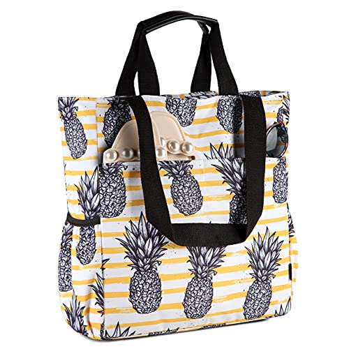 VASCHY Beach Tote Bag for Women, Lightweight Water Resistant Fold-able Large Pool Tote Bag w Zipper for Vocation - color: Summer Pineapple