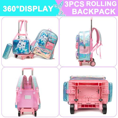 Meetbelify Girls Rolling Backpack with Wheels Kids Wheels Backpack for Girls - color: Cat Mermaid