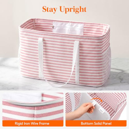Lifewit Extra Large Tote Bag, Reusable Grocery Bags with Metal Wire Frame and Handles - color: Pink
