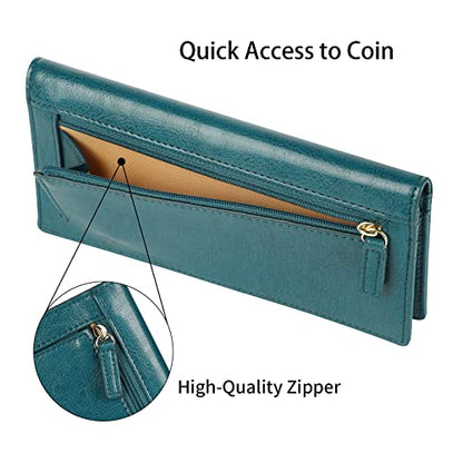 Lavemi Ultra Slim Thin Leather Women Wallet RFID Blocking Credit Card Holder Bifold Long Ladies Billfold - color: 1-waxed Peacock Blue