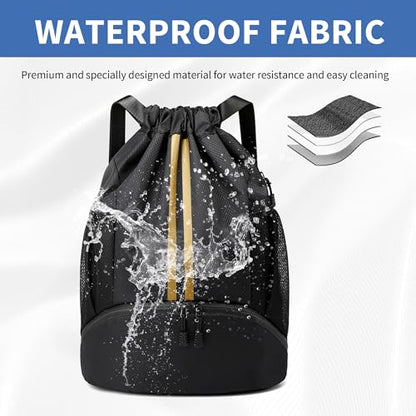 JELUTAR Drawstring Backpack Gym Bag with Shoes Pocket, Black Gold - color: Black Gold, size: Large