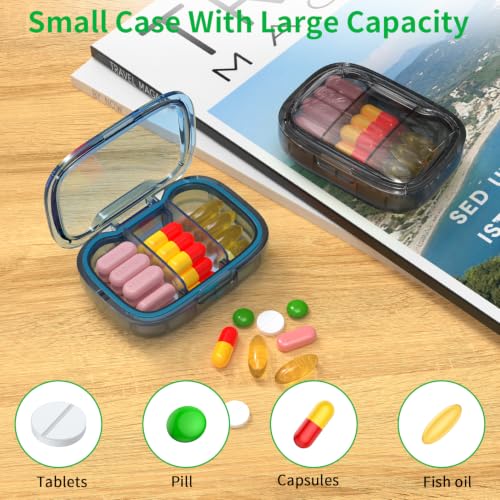 2 Pack 3 Compartment Small Pill Box, Moisture Proof Pill Case, Pill Organizer for Pocket Purse, Daily Portable Medicine Vitamin Box (Blue+Black) - color: Blue+black