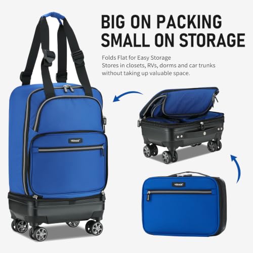 Verage Foldable Rolling Duffel Bag with Wheels, Expandable Travel Luggage | Collapsible Luggage Bag,Expandable,Detachable Spinner Wheels - color: blue, size: Checked-In Pro (24-Inch Expands into 28-Inch)