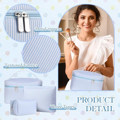 Huhumy 3Pieces Cute Seersucker Makeup Bag Set for Women, Light Blue, Stripe - color: Light Blue, style: Stripe