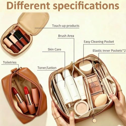 Personalized Initial Make Up Bag for Women Teen Girls Toiletry Organizer - color: Brown