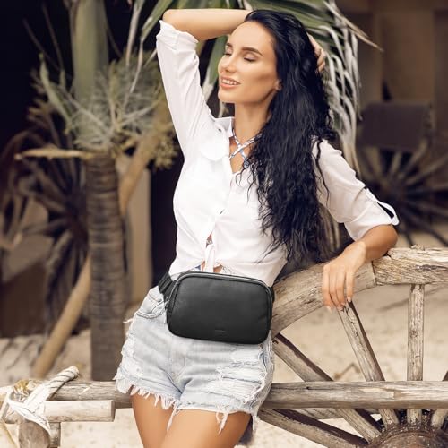 S-ZONE Leather Fanny Pack for Women RFID Blocking Crossbody Sling Bag - color: Black