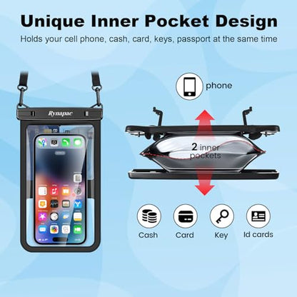 Rynapac IPX8 Waterproof Phone Pouch Up to 8.5", 2Pack Phone Protector Pouch - color: [(Clear)Black+Black] Large Waterproof Phone Pouch, size: Case-friendly [8.5-inch]