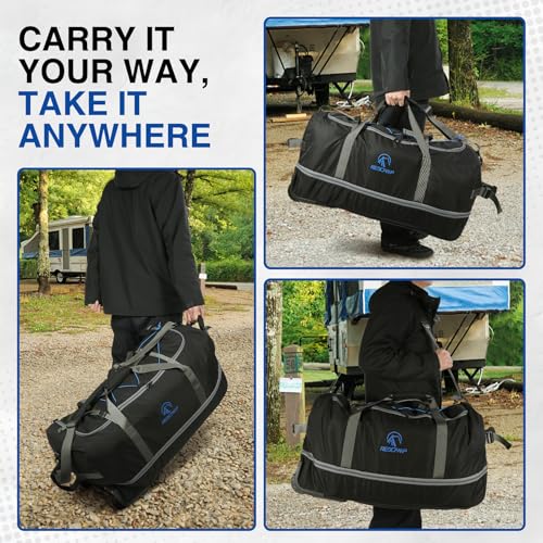 REDCAMP 85L/120L/140L Foldable Duffle Bag with Wheels, Large Travel Duffel Bag - color: 140L Black with Blue Elastic Straps