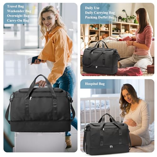 Travel Duffel Bag,Carry-On Overnight Weekender Bags with Shoes Compartment - color: Black, size: Small