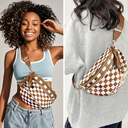 Checkered Crossbody Bags for Women, Large Nylon Bum Bags - color: Brown Checkered