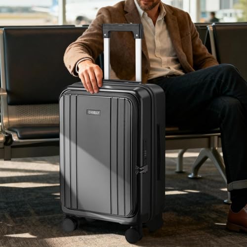 Carry On Luggage Top Opening with Cup Holder & Phone Holder, Expandable PC Hard Shell Suitcase with USB Charging Port, Side Hook, 360° Spinner Wheels, TSA Lock & YKK Zippers - color: Grey