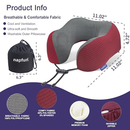 napfun Neck Pillow for Travel, Memory Foam Airplane Pillow, Burgundy - color: Burgundy