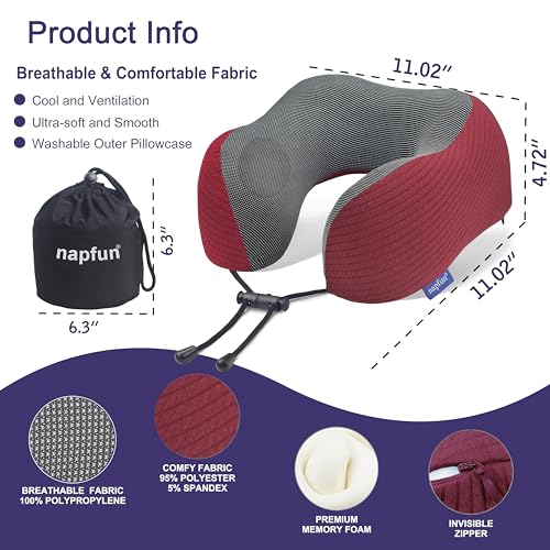 napfun Neck Pillow for Travel, Memory Foam Airplane Pillow, Burgundy - color: Burgundy