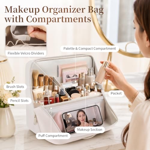 Travel Makeup Bag Standing Folding Leather Cosmetic Organizer with Handle - color: Cream, size: Large