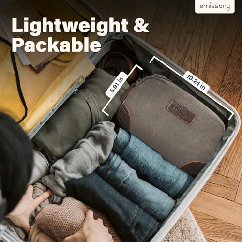 emissary Men's Canvas Travel Toiletry Bag, Leather Dopp Kit - Light Gray | Durable canvas & PU leather, water-resistant lining, side handle; roomy men's Dopp kit for travel & gym - color: Light Gray