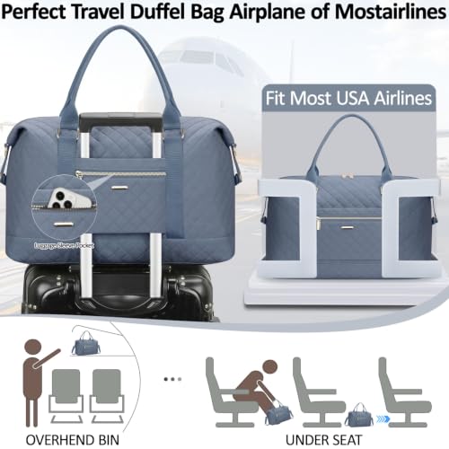 Tenot Quilted Duffle Bag for Women Travel Tote Bag with Luggage Sleeve - color: Blue, size: Large