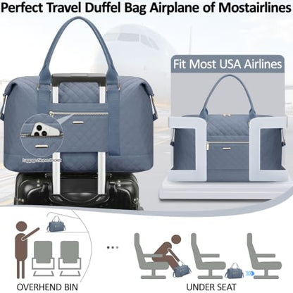Tenot Quilted Duffle Bag for Women Travel Tote Bag with Luggage Sleeve - color: Blue, size: Large