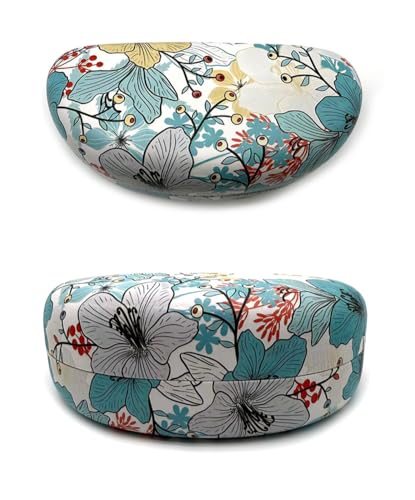 JAVOedge Style Eyeglass & Sunglasses Case - Extra Large Hard Shell Protective Case with Cleaning Cloth - color: Teal Blossom