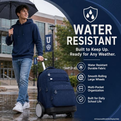 3Pcs Large Wheels Rolling Backpack for Boys Men, 20 Inches Detachable Wheeled Backpack Set, Water Resistant Roller Backpack for Travel Work College School (Blue) - color: Cassic-bue (Large Wheels)