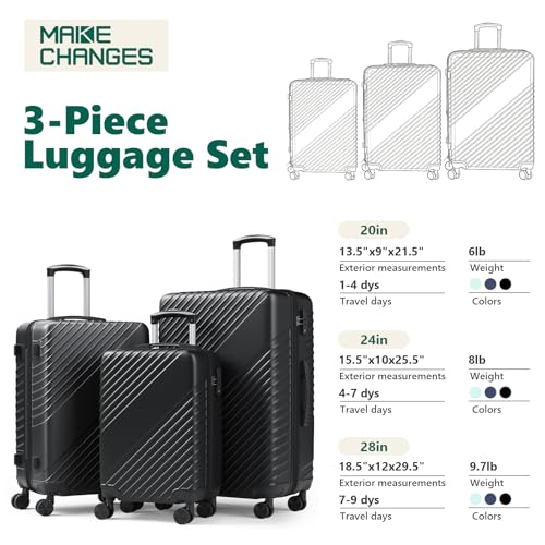 Luggage Sets 3 Piece, ABS Hardside Suitcase Set (20/24/28) with Spinner Wheels, TSA Security Lock, Airline-Approved Carry-On & Lightweight Large Checked Luggage for Business, Travel, Family Vacations - color: Black, size: 3-Piece Set (20/24/28)