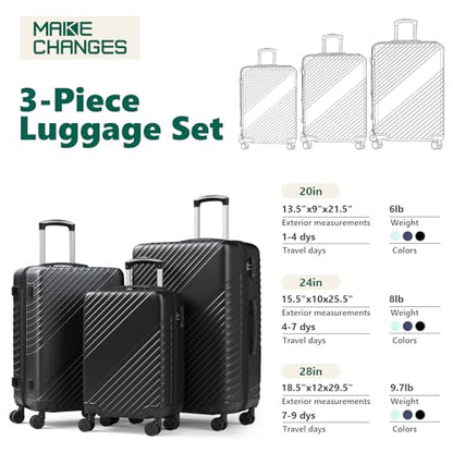 Luggage Sets 3 Piece, ABS Hardside Suitcase Set (20/24/28) with Spinner Wheels, TSA Security Lock, Airline-Approved Carry-On & Lightweight Large Checked Luggage for Business, Travel, Family Vacations - color: Black, size: 3-Piece Set (20/24/28)