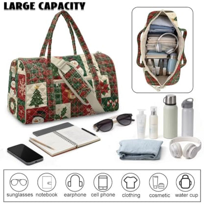 Youngerbaby Patchwork Christmas Quilted Travel Duffle Bag for Women - color: Plaid Snowman Reindeer