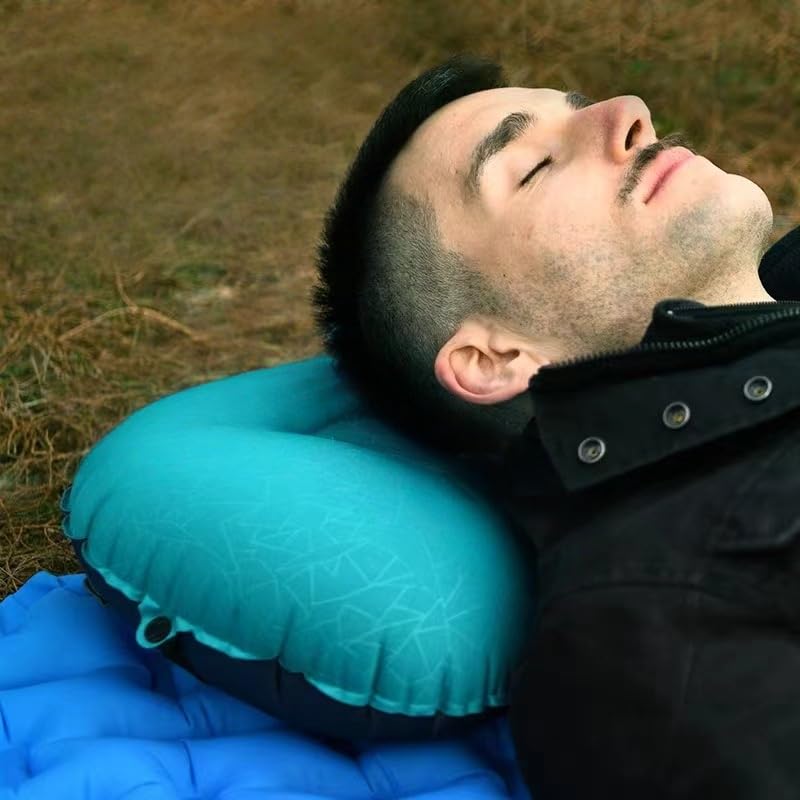 Ultralight Inflatable Camping Pillow, Compressible Compact Travel Pillow, Ergonomic Neck Lumbar Support, Perfect for Camping Hiking Backpacking, Crescent Embossed-Peacock Blue