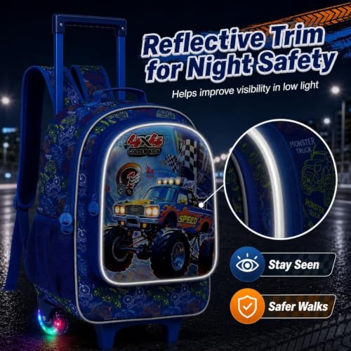 3Pcs Truck Rolling Backpack for Boys, Kids Wheel Backpack with Lunch Box, Lightweight Roller Backpack with Light-Up Wheels for Elementary Preschool Kindergarten (Blue) - color: Truck Blue