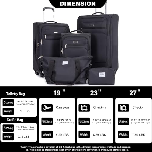 Tripcomp Luggage Sets 5 Piece Softside Expandable Suitcase sets With Spinner Wheels Duffel Bag And Toiletry Bag, Lightweight Carry-On And Checked Luggage (19" 23" 27"), Black - color: Black