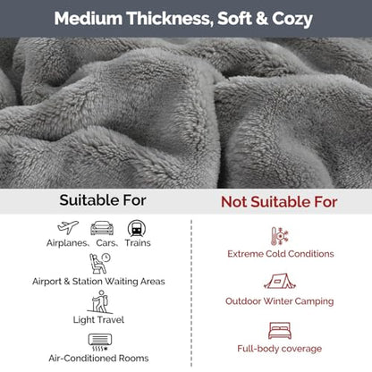 Gray Travel Blanket for Airplane, Portable Soft Flannel with Pouch & Clip - color: Gray