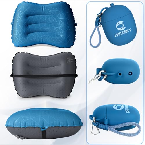 Crisonky Camping Pillow, Inflatable Pillow with 2-in-1 Air Pump Storage Bag - color: Navy Blue
