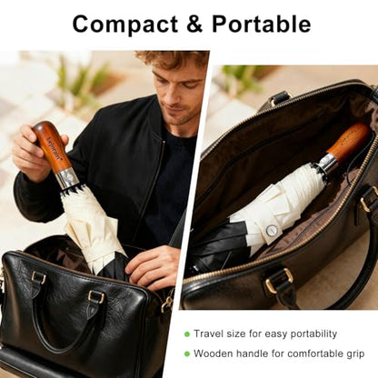Large Golf Umbrella 54 Inch Compact Folding Auto Close Wood Handle Rain - color: Black