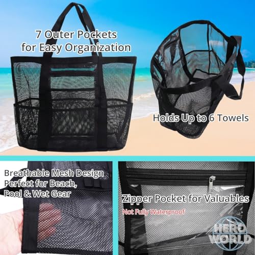Mesh Beach Tote Bag Large Capacity Pool Gym Laundry Tote Foldable with Pockets Lightweight Travel Bag - color: Sand Beige