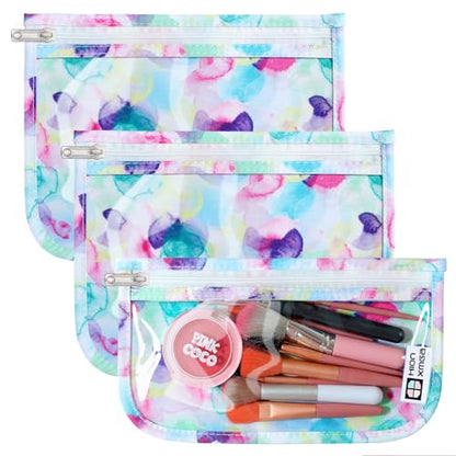 HIONXMGA Set of 3 Clear Travel Toiletry Bag, TSA Approved, Quart Size S/M/L - color: Watercolor, Mixed Sizes