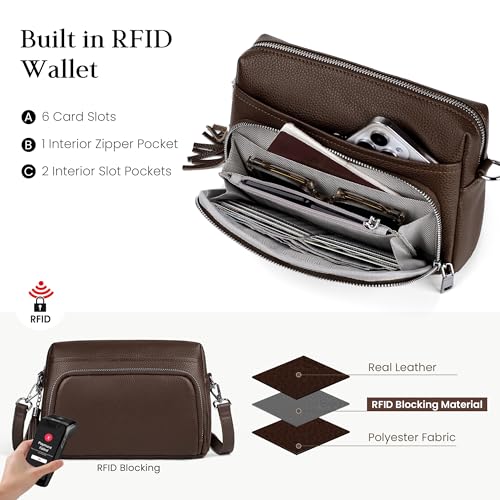 befen Genuine Leather Crossbody Bags for Women Leather Wallet Travel Purse - color: Coffee