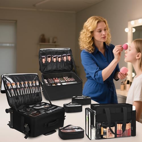 TANTO Rolling Makeup Bag, Pro Makeup Artist Bag with 7 Pouch & Tote Bag - color: 03-Black（3 in 1）