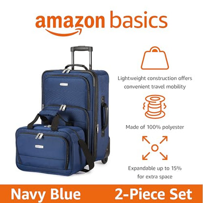 Amazon Basics Softside Luggage Set, 23-Inch Expandable Suitcase with Wheels and 15-Inch Tote, Extra Space (+15%), Front Pockets, Telescopic Handle, Navy Blue - color: Navy Blue