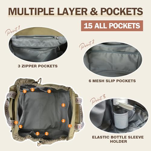 Travel Duffel Bag Weekender Bags for Women, Expandable Tote Handbag Diaper Bag Backpack Shoulder Bag for Car Work Daily - color: Khaki