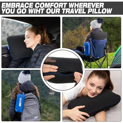 Travel & Camping Comfortable Memory Foam Pillow – Easy to Carry Portable Bag – Temperature Regulating Pillow Case - Perfect for Travelling (Black) - size: Black