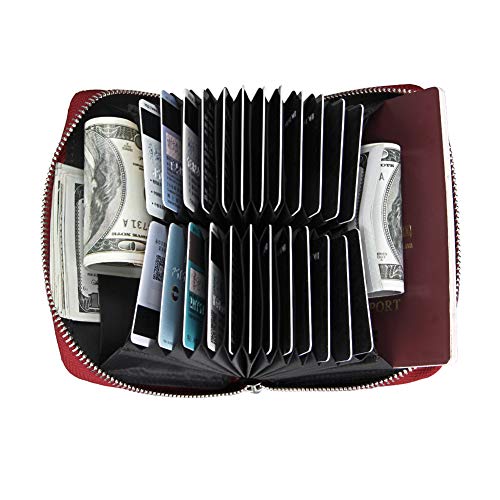 boshiho RFID Blocking 24 Slot Credit Card Holder Wallet Real Leather Multi Card Organizer Wallet with Zipper - color: red