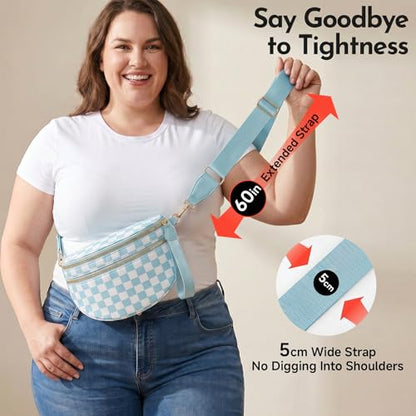 Checkerboard Crossbody Bag for Women, Expandable Plaid Belt Bag Nylon Fanny Pack with Multiple Pockets - color: Light Blue Checkered