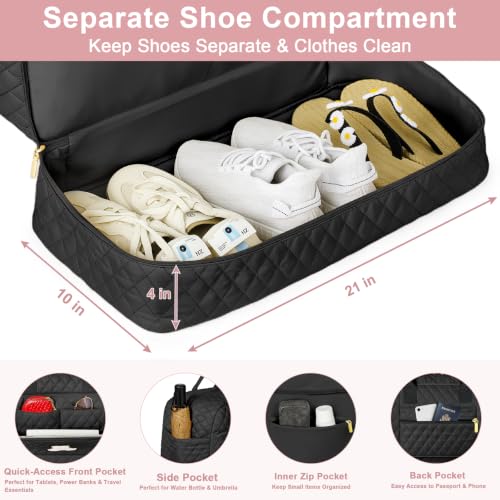 TIBES Initial Weekender Bag for Women, 45L 3PCS Travel Duffle Overnight Bag - color: Black Diamond Quilted, style: M