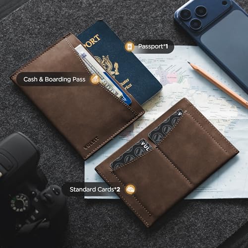VULKIT Passport Cover Ultra Slim Design Leather Passport Sleeve RFID Blocking with 2 Card Slots, Anti-Theft Travel Essentials - color: Espresso