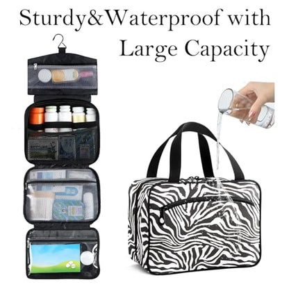 Travel Toiletry Bag for Woman/Men, Modern Wild Animal Zebra Skin Black and White Hanging Organizer Bag with Pockets Portable Folding Travel Case Bags for Makeup Cosmetic Toiletries Traveling-L - size: Large: 12.6 x 9.06 x 5.71 Inches, style: Black and Whi