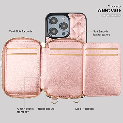 Bocasal Crossbody Wallet Case Card Holder for iPhone 14 Pro Max Rose Gold - color: Rose Gold